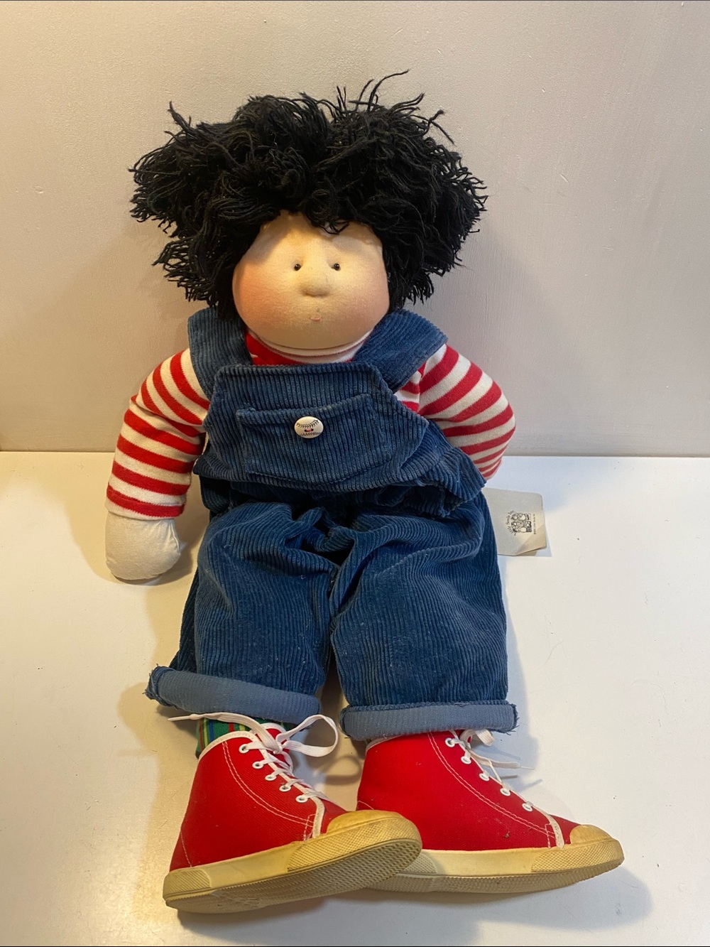 Little Souls Vintage Handmade Plush Rag Doll with Red Shoes and Blue Overalls